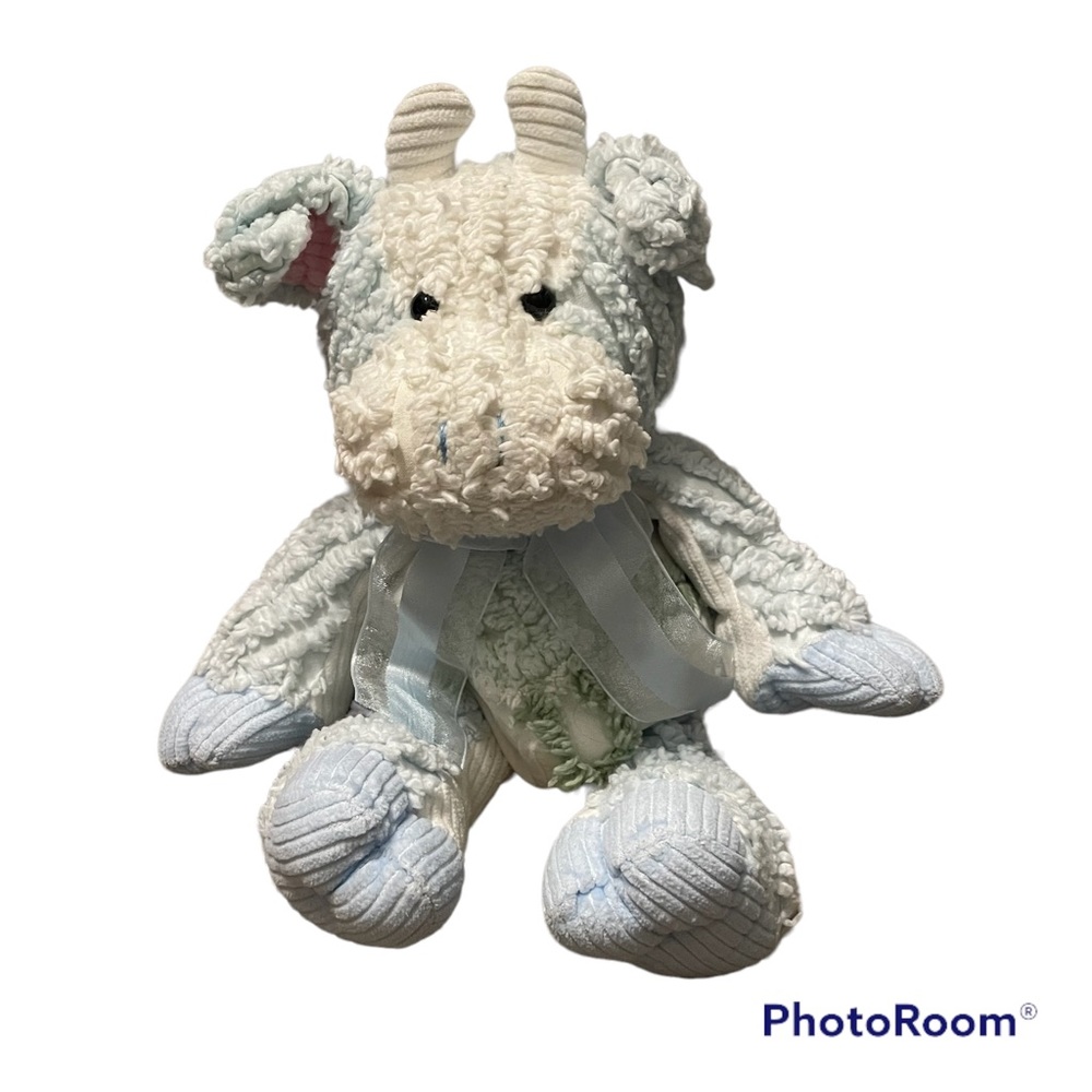 Vintage Chenille Textured Plush Cow Fine Toy Co White Blue Green Stuffed Animal